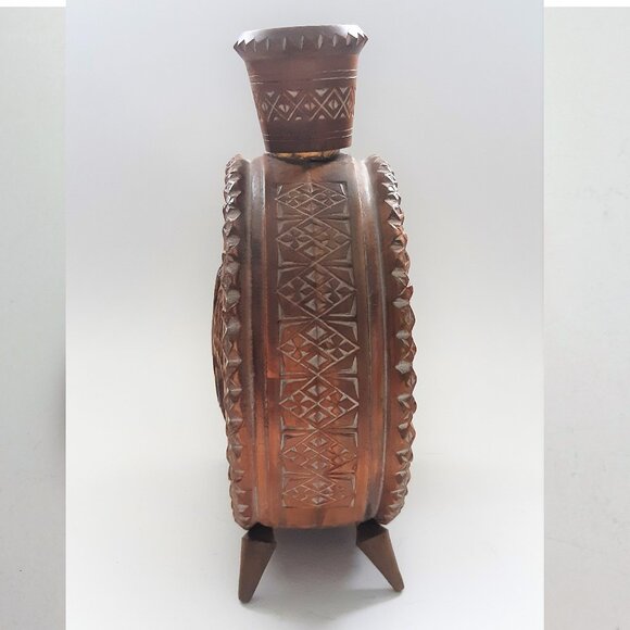 VTG Hand Carved Wooden Flask Canteen Bottle Decanter Rare - Picture 4 of 11